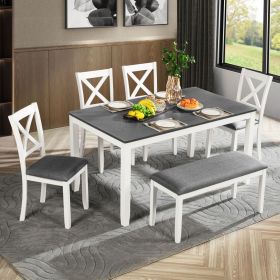 6-Piece Dining Table Set with Bench, Wood Dining Table Set for 6, Modern 6-Person Dining Table Set for Dining room, Kitchen, Grey & White two ton