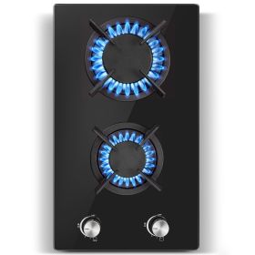 Gaskochfeld, 30cm Glas Einbau-Gaskochfeld, 4200W | Gaskochfeld 2 flammig mit Automatischer Flammenschutz, Erdgas und Propangas, Gusseisen-Roste