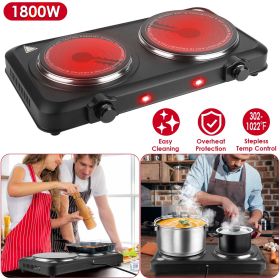 2000W Electric Infrared Dual Burner Portable Heating Hot Plate Stove Countertop RV Hotplate with 7.5' & 6.3' Glass Cooktop Stepless Temperature A (Color: Black)
